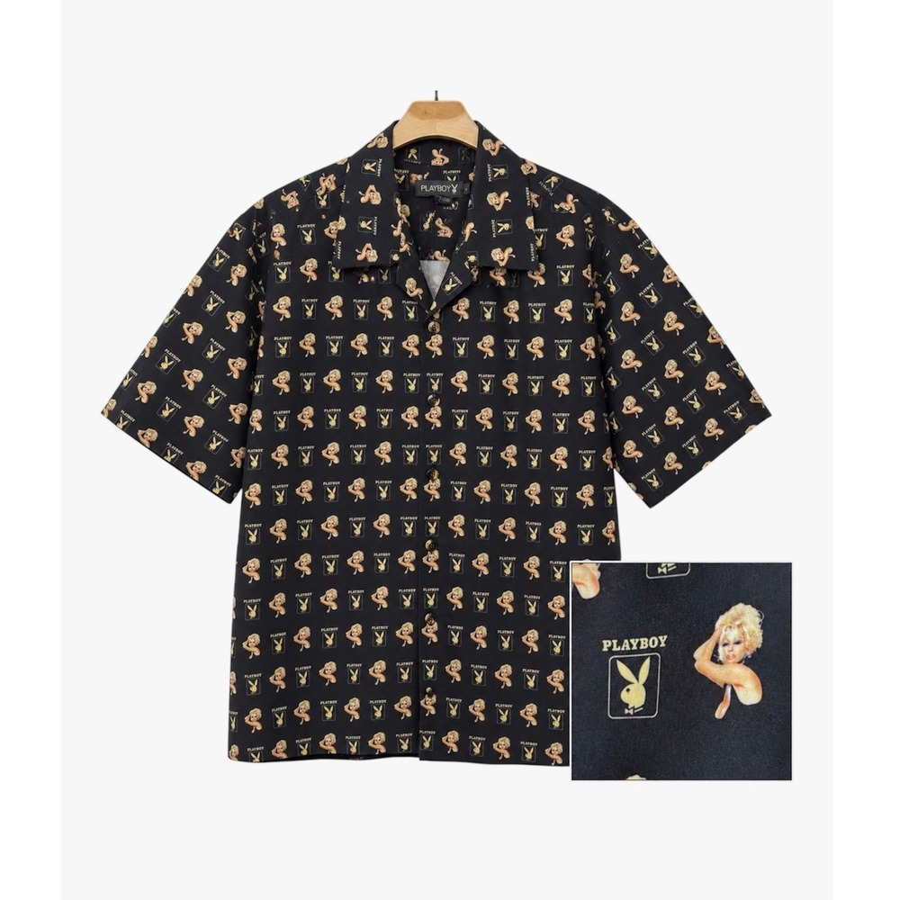 Vintage Playboy Button Down Shirt Large Black Pamela Anderson Bunny Logo Camp